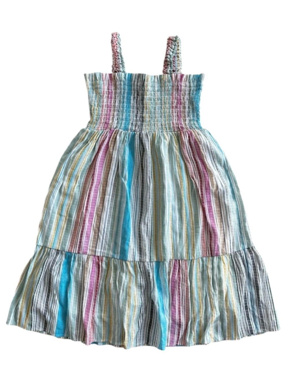Aqua Smocked Rainbow-Stripe Dress Resort Pool Travel Vacation Beach Summer